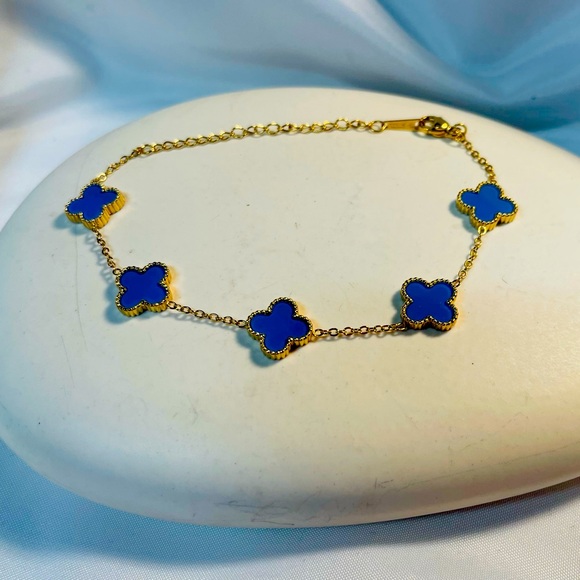 Gold and Blue Clover Bracelet Designer Luxury Style Gold Plated Quatrefoil - Picture 1 of 3